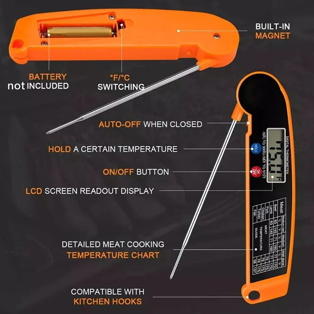 Instant Read Digital Kitchen Thermometer - Foldable Meat Temperature Probe for Perfect Cooking, BBQ & More!