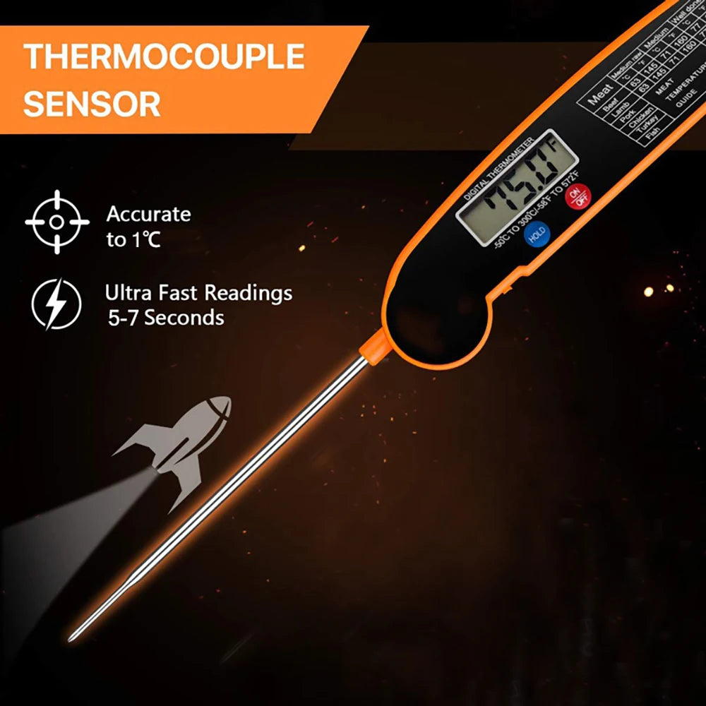 Instant Read Digital Kitchen Thermometer - Foldable Meat Temperature Probe for Perfect Cooking, BBQ & More!
