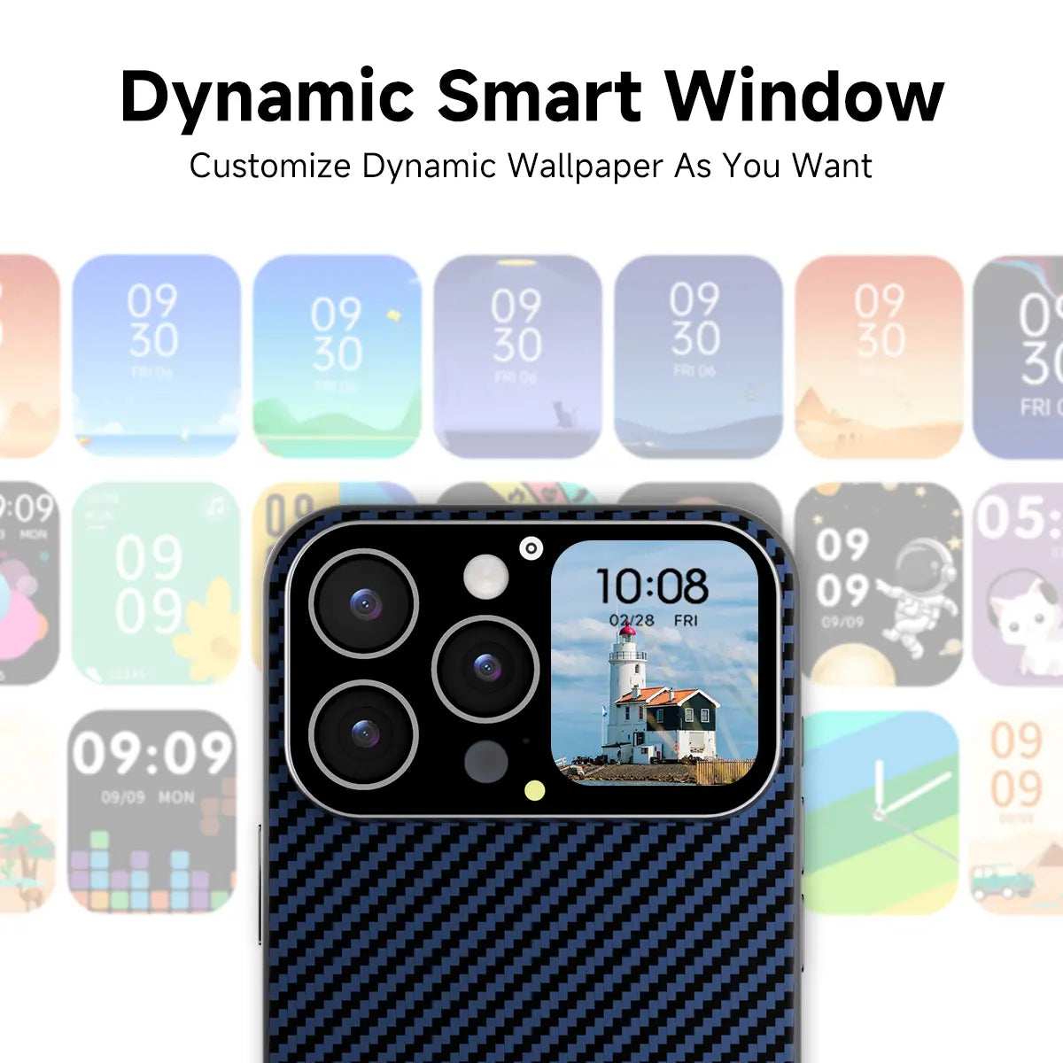 Smart Phone Case with 1.75-Inch HD Screen, 10 Second Custom Video Dial, Rear Camera Preview, Call & Message Alert, Music Control, Weather, Timer, Dynamic Smart Window, Multiple Model Options, Magnetic Wireless Charging, Practical Gadget Gift.