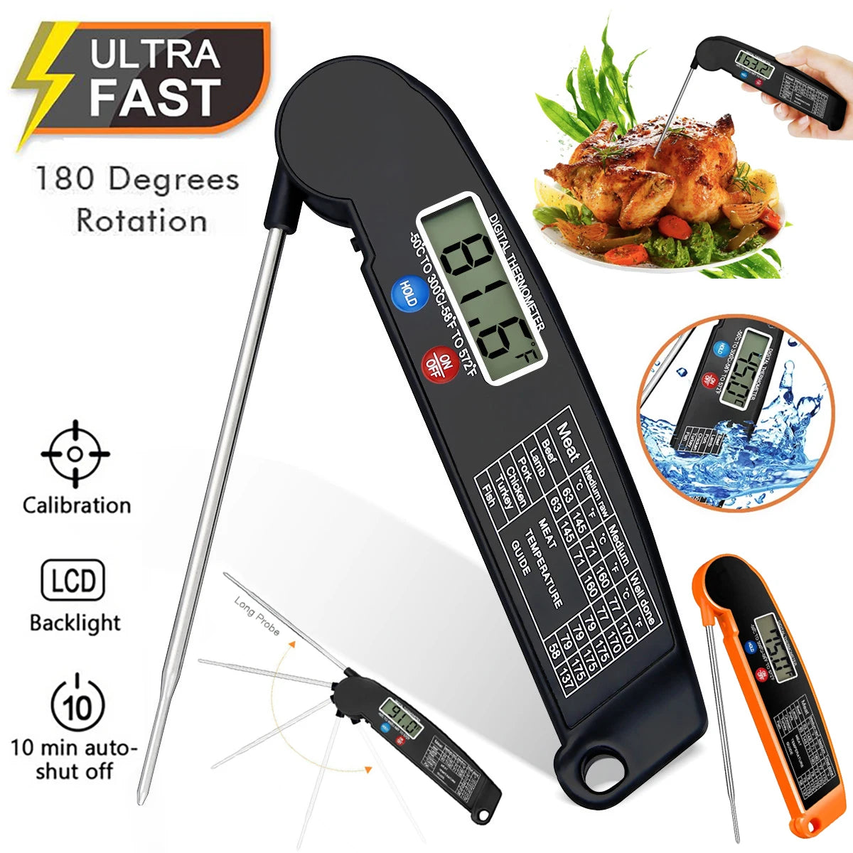 Instant Read Digital Kitchen Thermometer - Foldable Meat Temperature Probe for Perfect Cooking, BBQ & More!